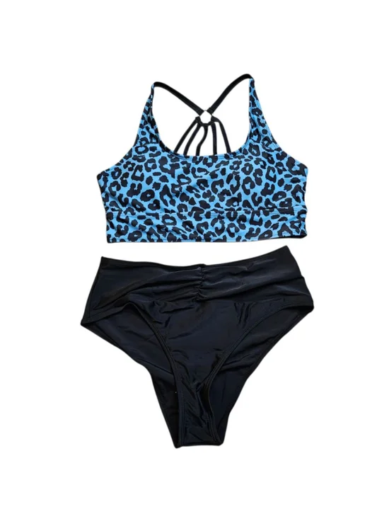 SHEIN Medium Blue Black Leopard Top and Black Bottoms Bikini Swimsuit - Picture 2 of 7